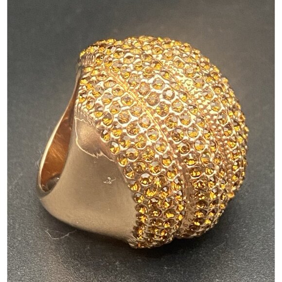Champagne Crystal Rose Gold Tone Dome Ring Sz 5 Cocktail Statement Spiral Pave - Picture 2 of 13